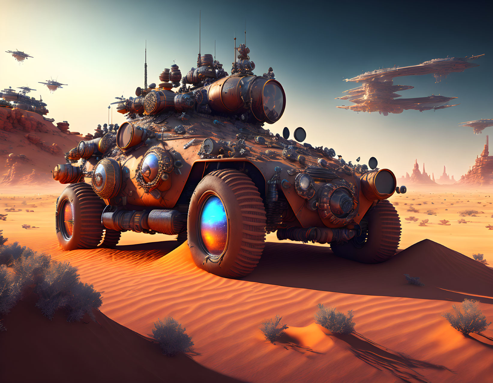 Armored futuristic vehicle with spherical protrusions in alien desert landscape