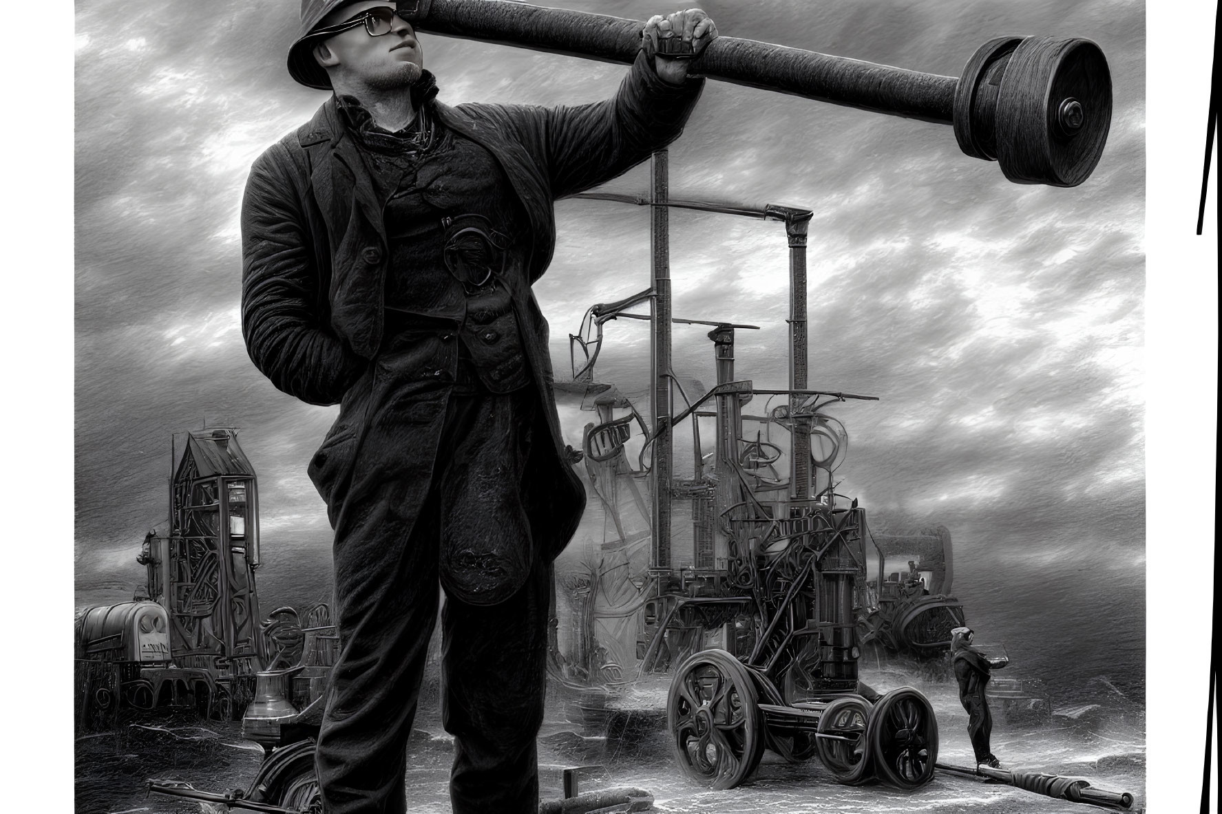 Steampunk-dressed man with telescope in industrial setting under dramatic sky