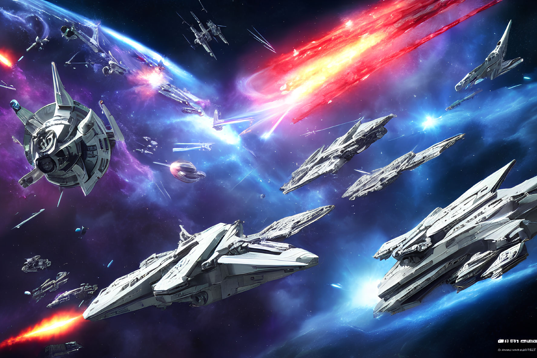 Intense Space Battle Scene with Spaceships and Laser Beams