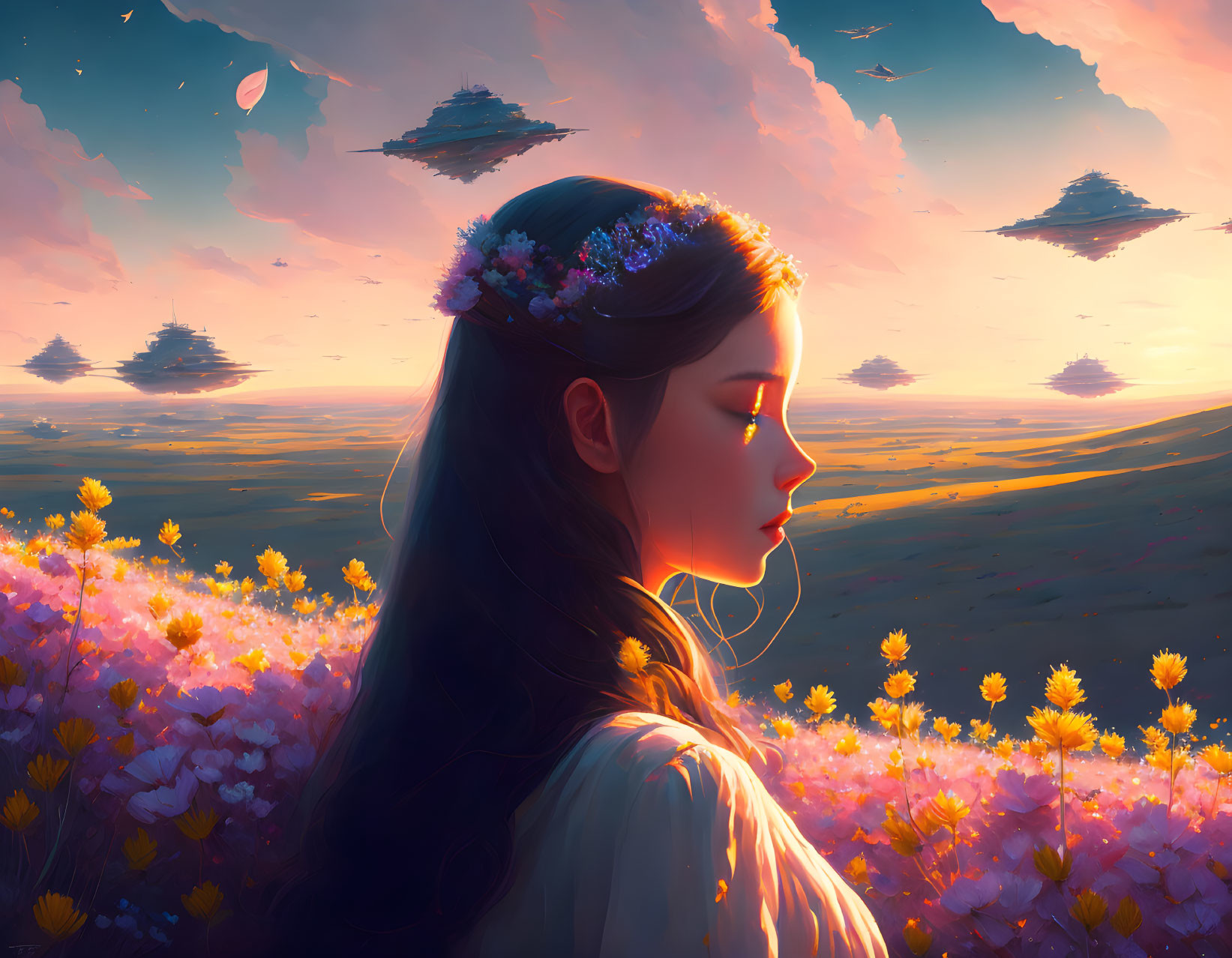 Woman with floral crown in sunset surrounded by blossoming flowers and floating islands.