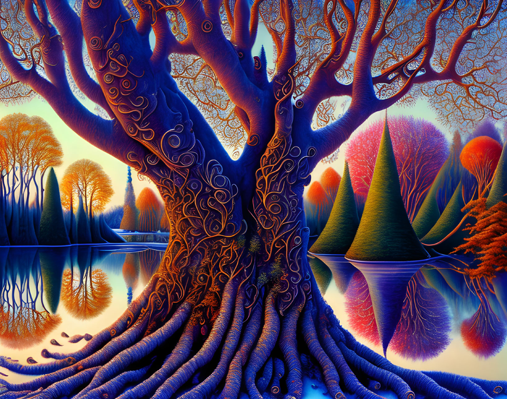 Colorful Landscape with Ornate Tree Reflecting in Tranquil Lake