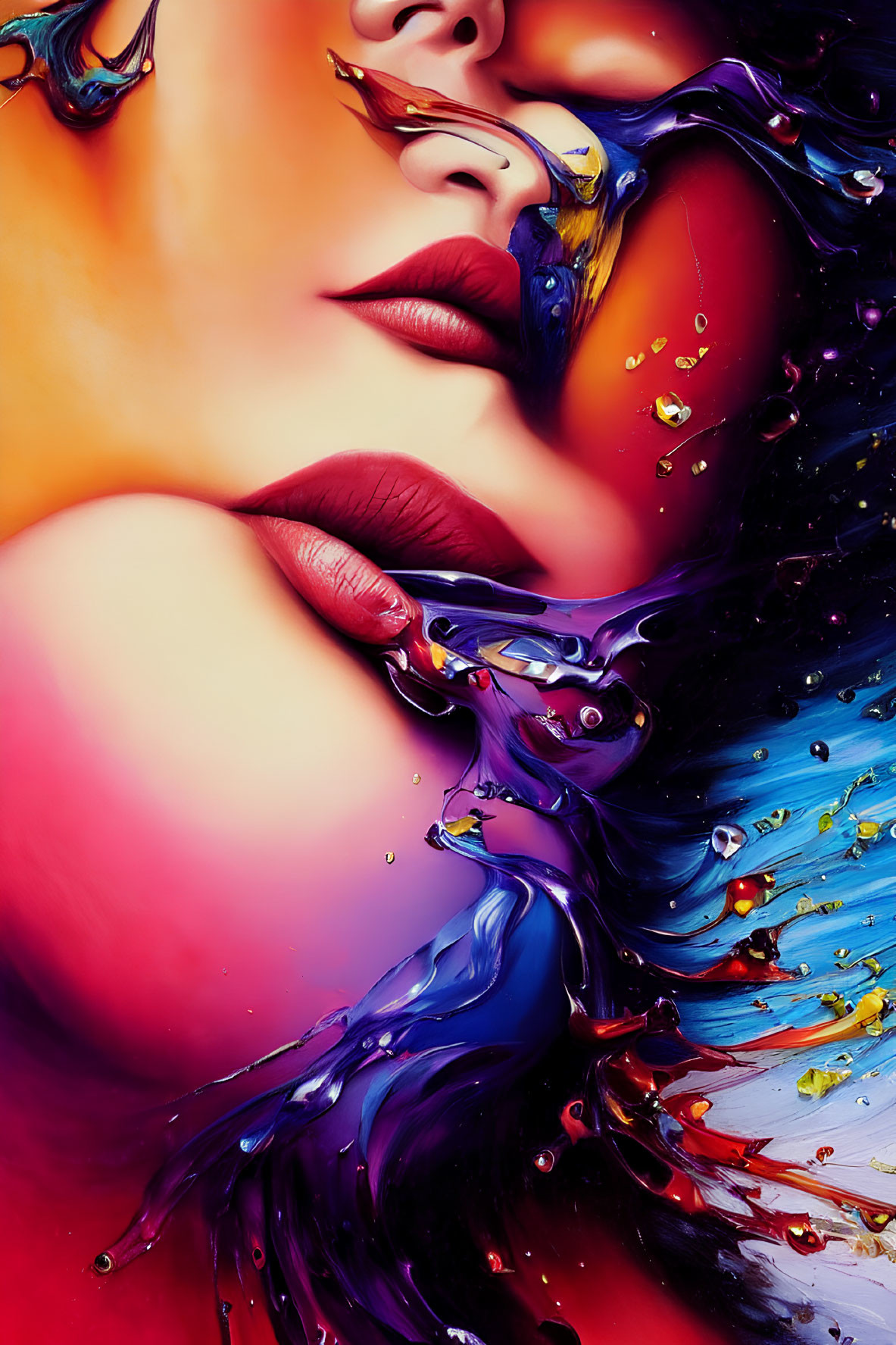 Colorful Portrait of Woman with Flowing Paint Hair in Red, Blue, Purple, and Gold