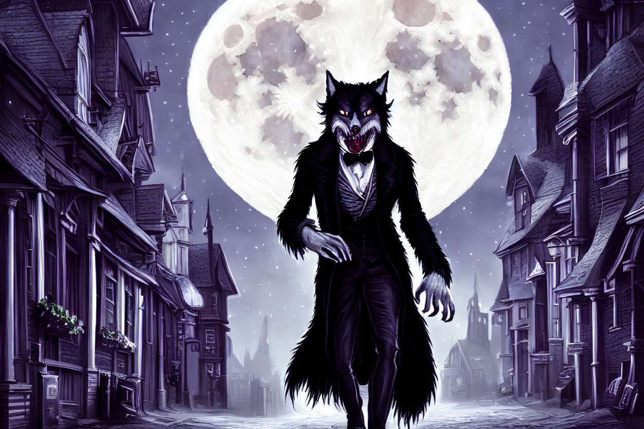 Werewolf in suit under full moon on desolate street