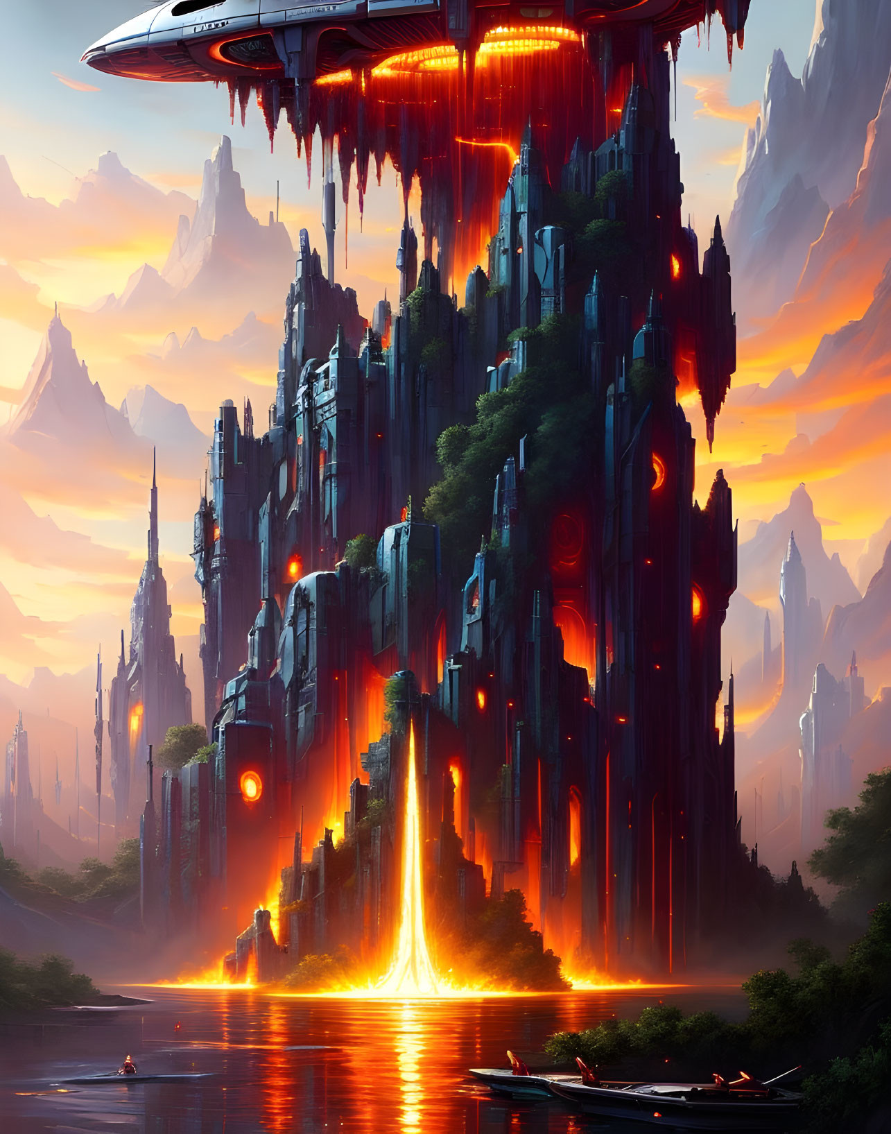 Futuristic cityscape with towering spires, lava streams, mountains, and hovering spacecraft