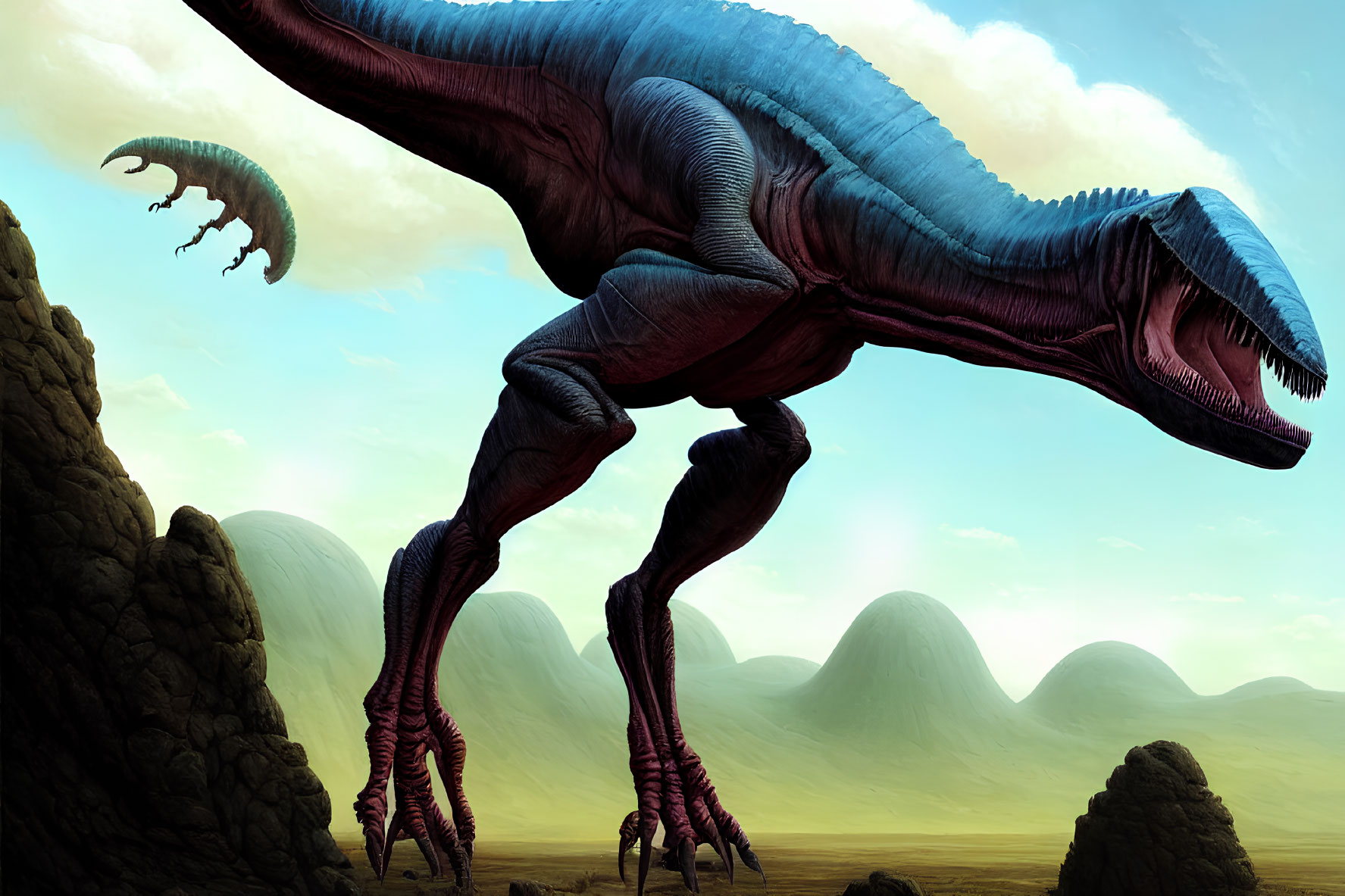 Blue towering dinosaur in prehistoric landscape with hills under hazy sky