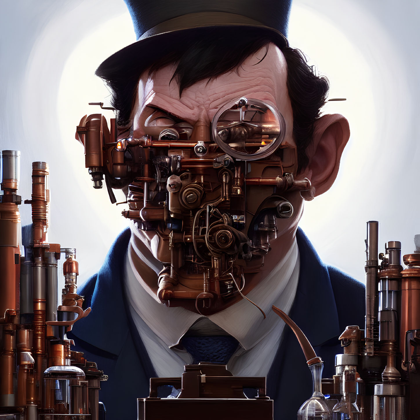 Steampunk-inspired man illustration with bronze machinery head