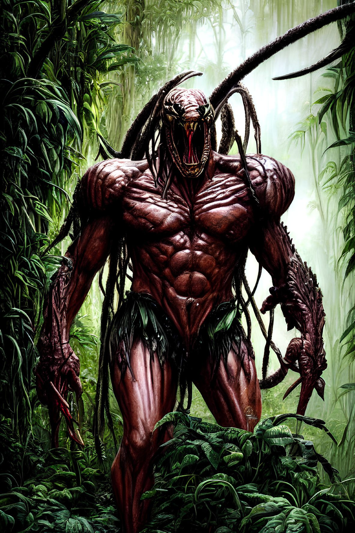 Muscular creature with sharp claws in dense jungle foliage