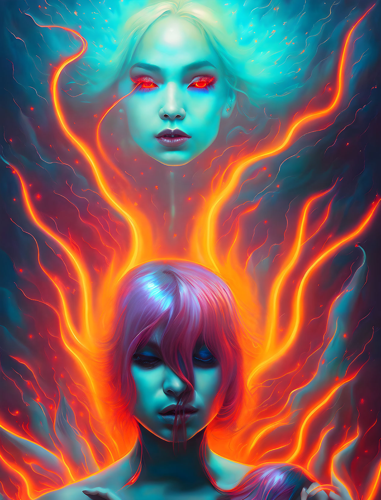 Stylized female faces with glowing eyes in luminous energy lines on teal background