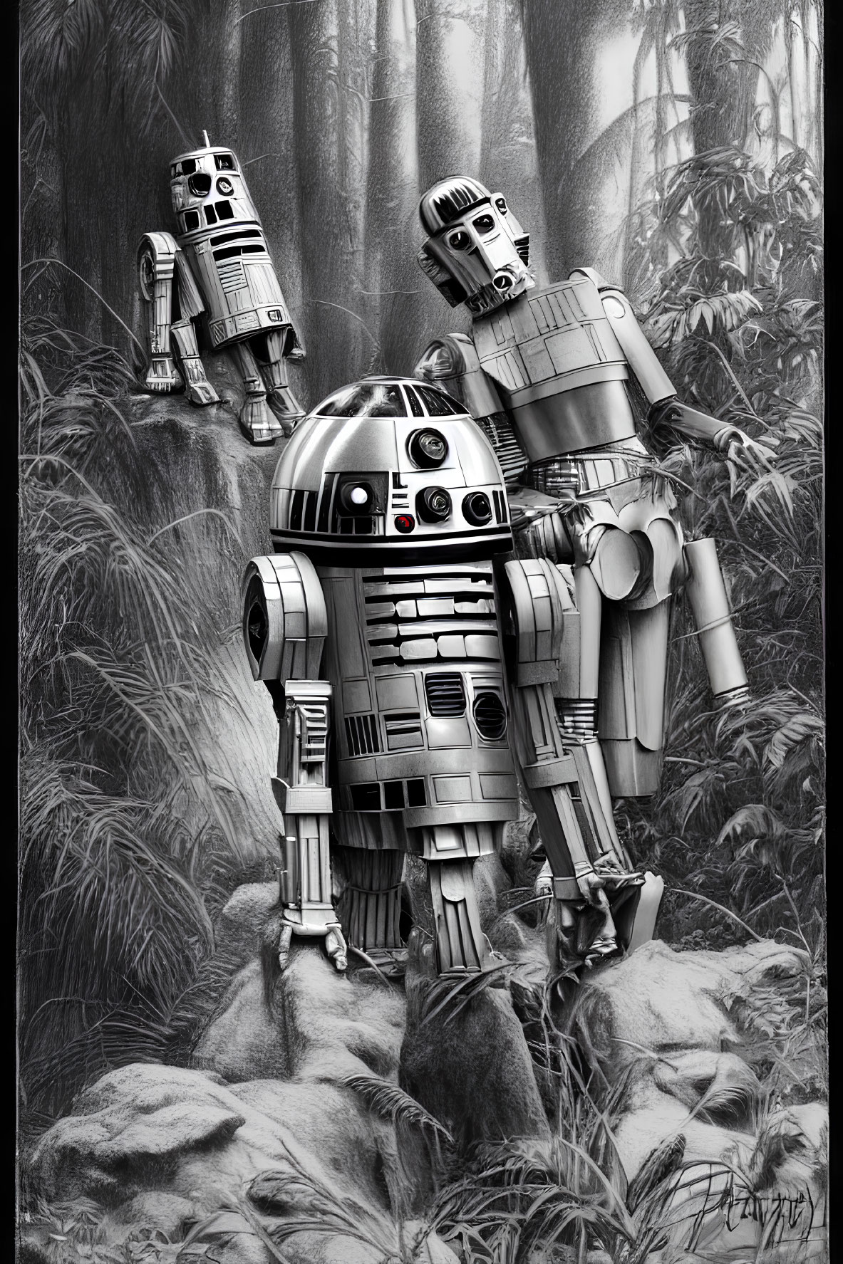Monochromatic droids in dense forest setting