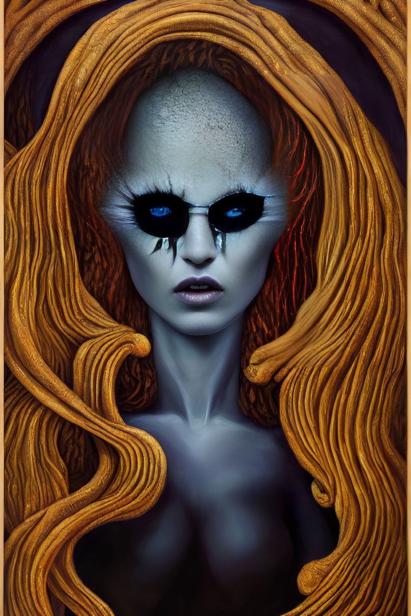 Surreal portrait of figure with golden hair and dark eye makeup