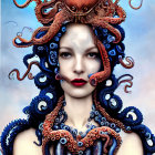 Surreal portrait of woman with octopus on head, tentacles around neck, blue backdrop