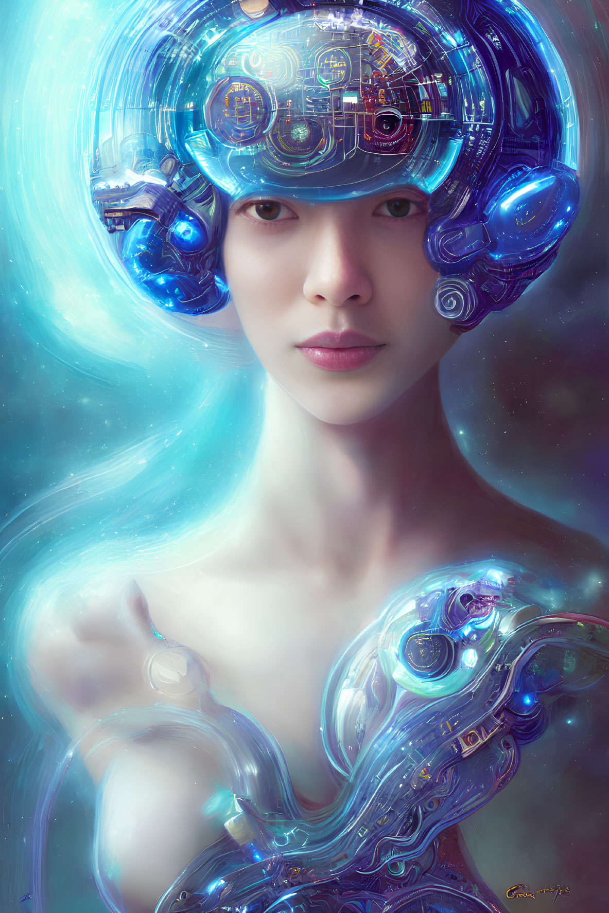 Futuristic portrait of person with cybernetic enhancements in cosmic setting