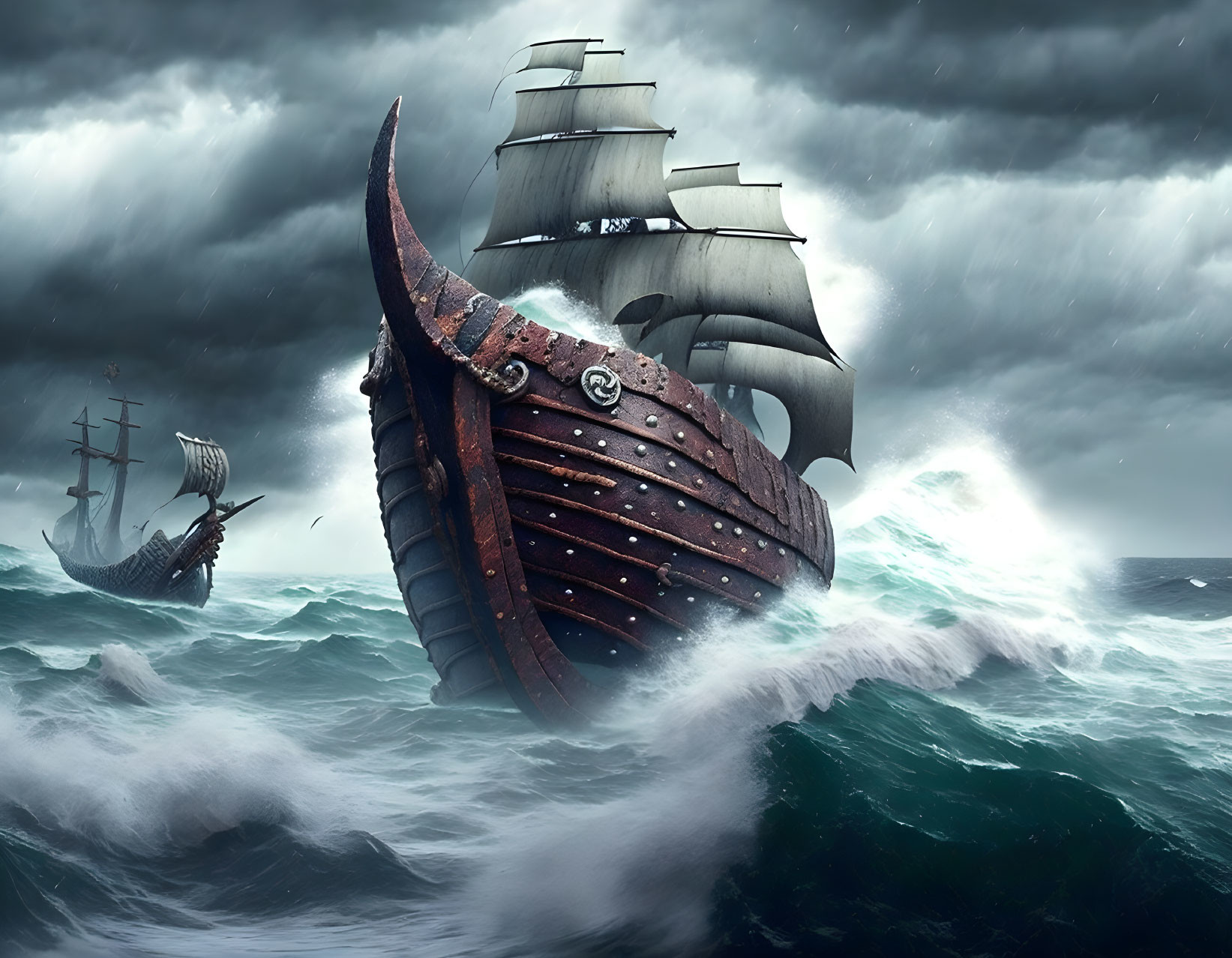 Digital artwork of two tall ships on turbulent sea with stormy sky.