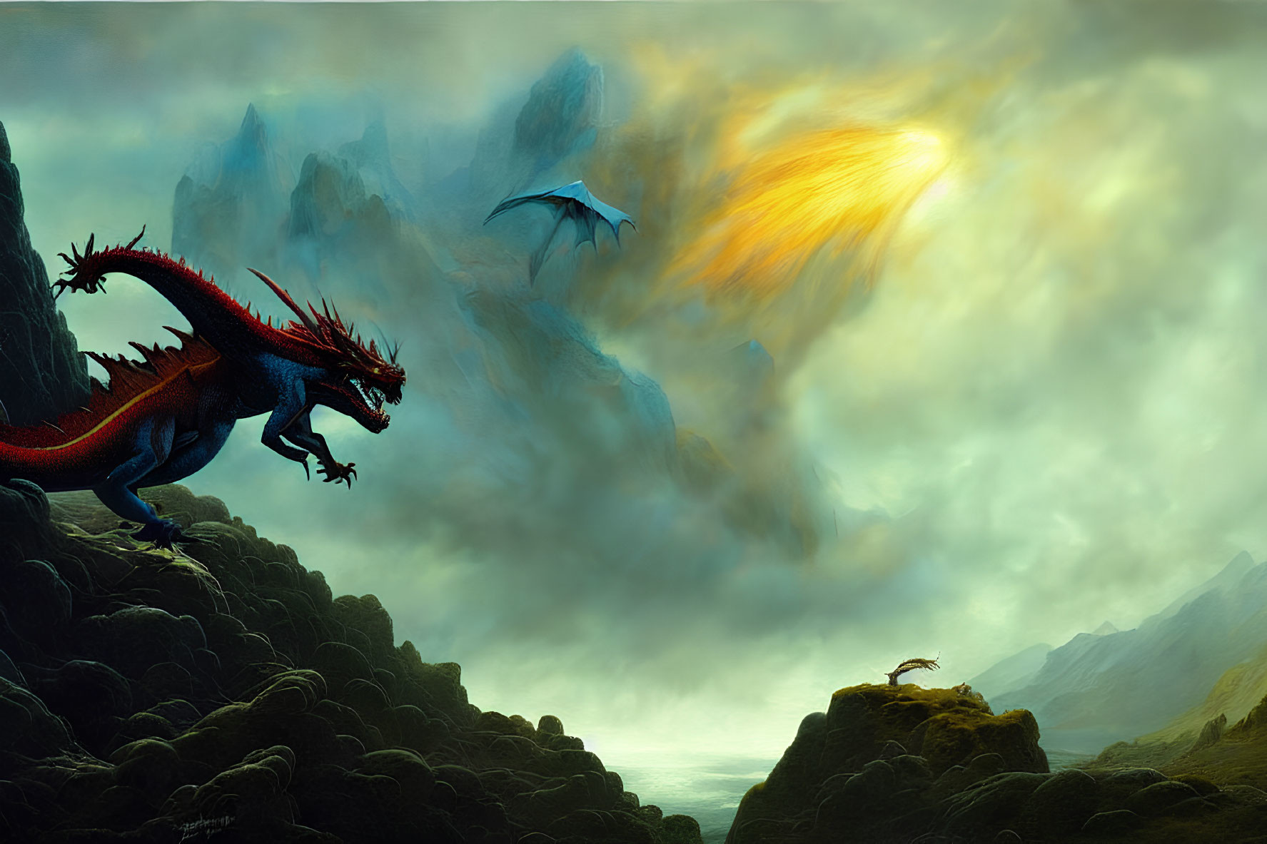 Red and blue dragons on cliff with fiery comet in dramatic sky.