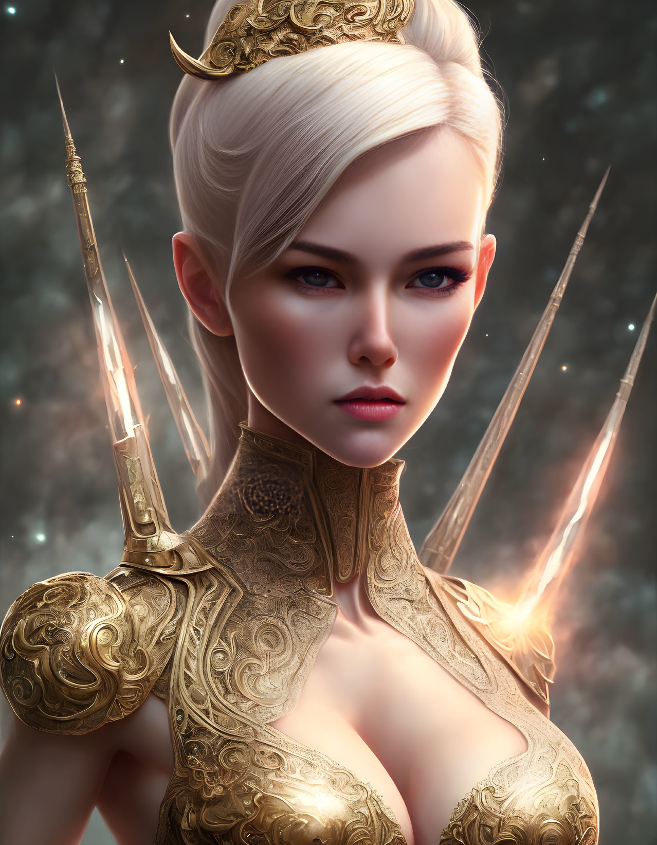 Fierce woman with platinum blonde hair in golden armor and glowing shards