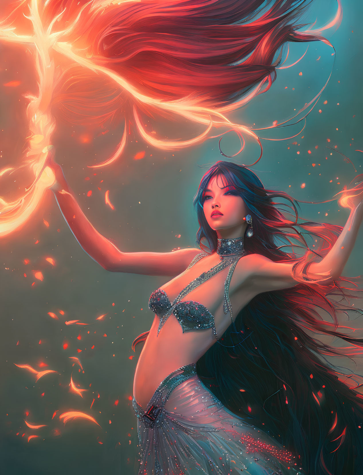 Red-haired woman in azure attire casting fiery magic in a crimson realm