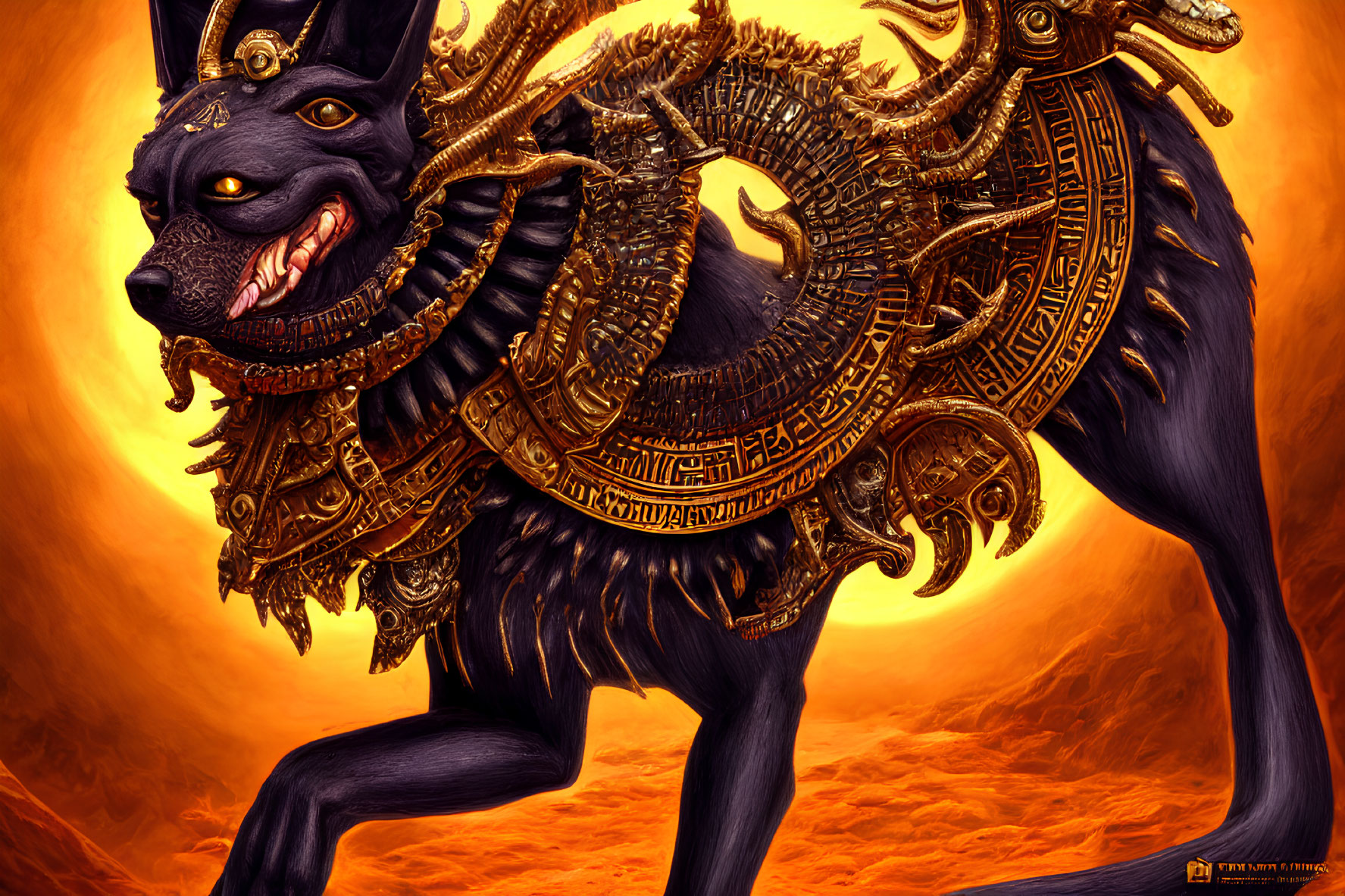 Black Mythical Dog in Gold Armor on Orange Background