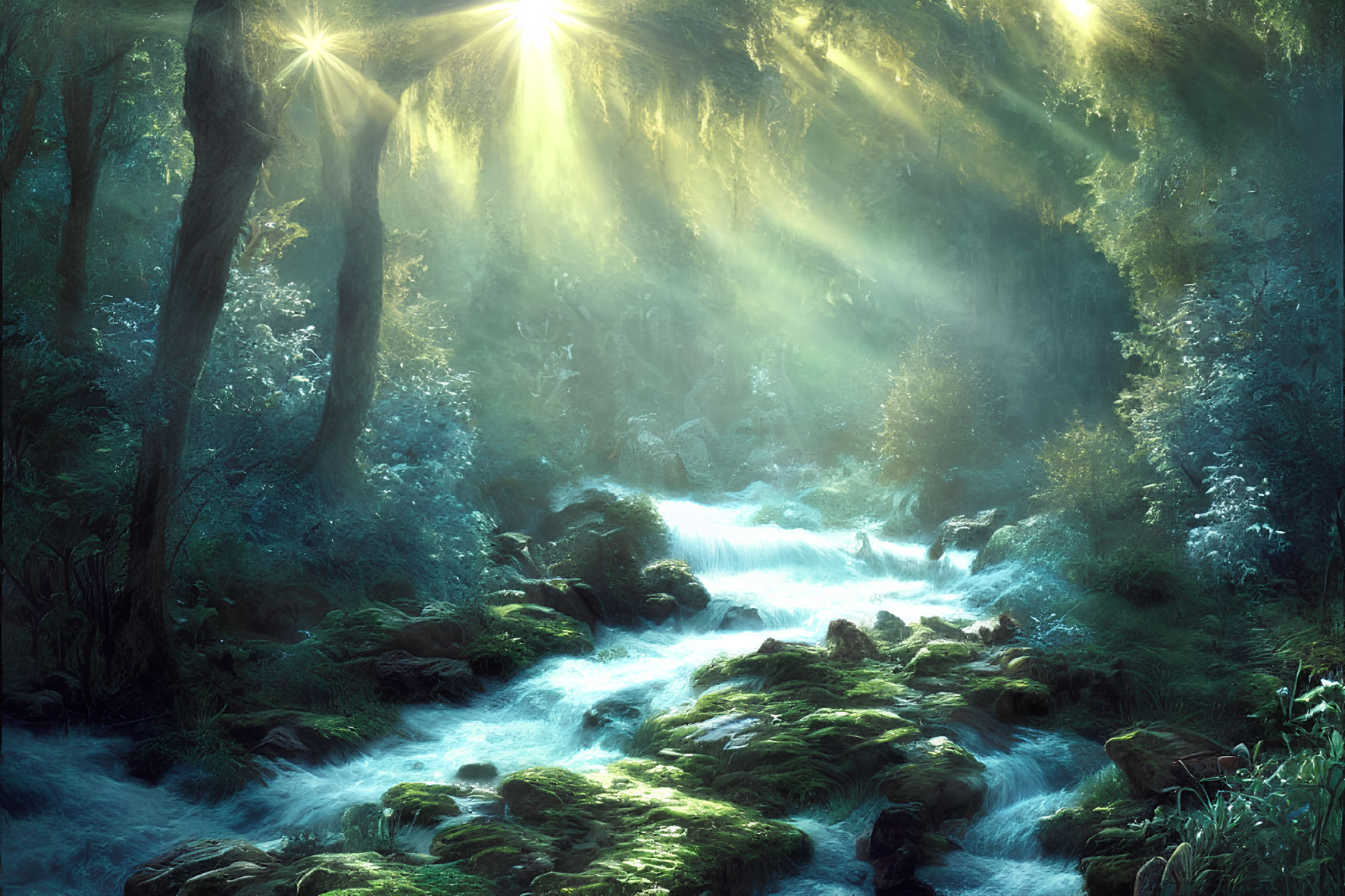 Tranquil Forest Scene with Sunlight, Stream, Rocks, and Moss