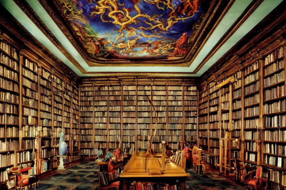 Grand library with floor-to-ceiling bookshelves, large wooden table, and vibrant ceiling fresco