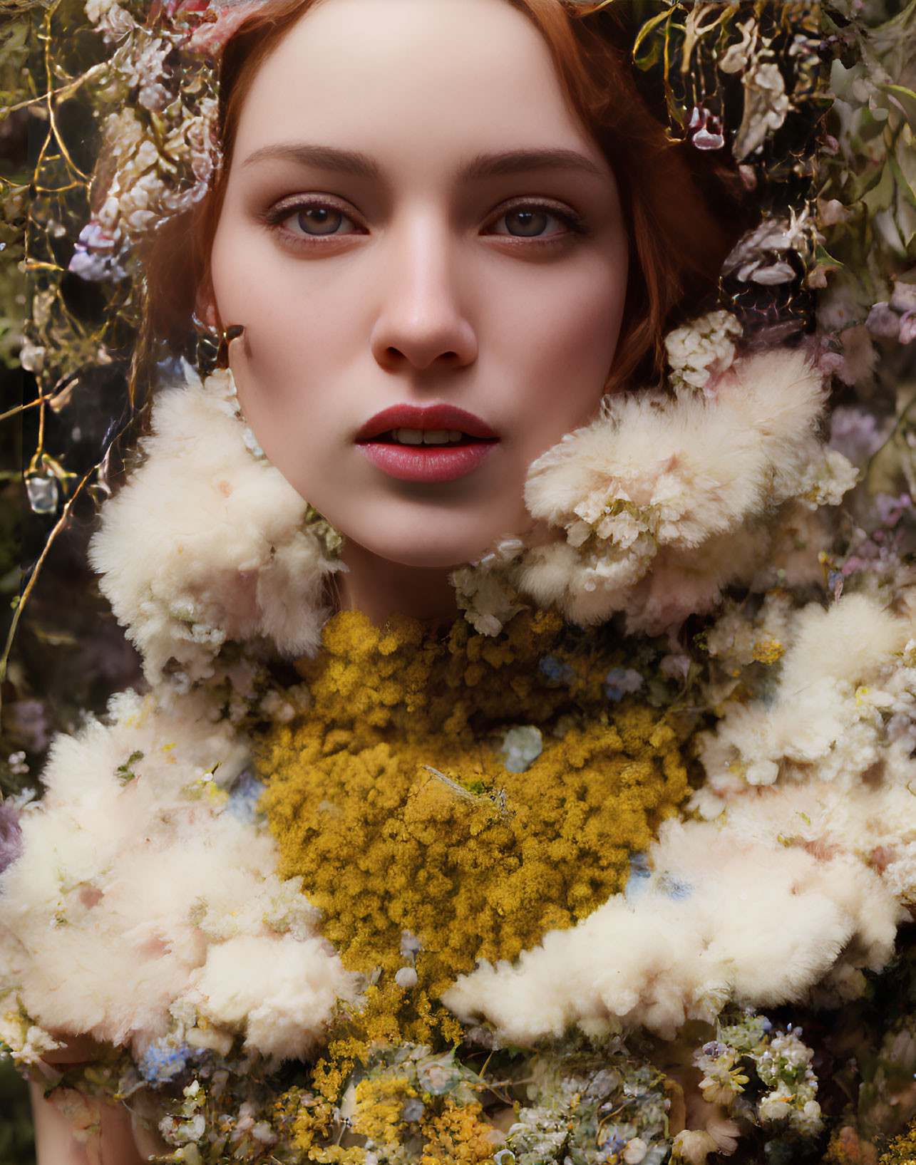 Red-haired woman in floral setting with fluffy attire gazes ahead