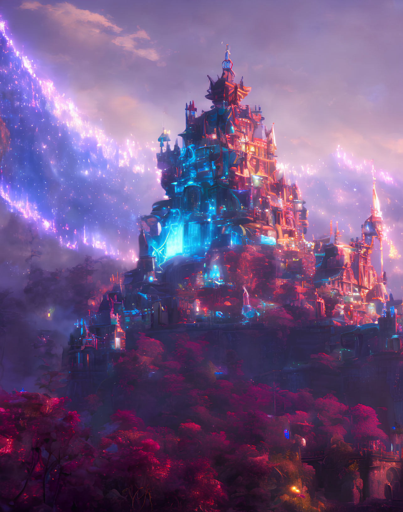 Enchanted forest with neon-lit castle under starry sky