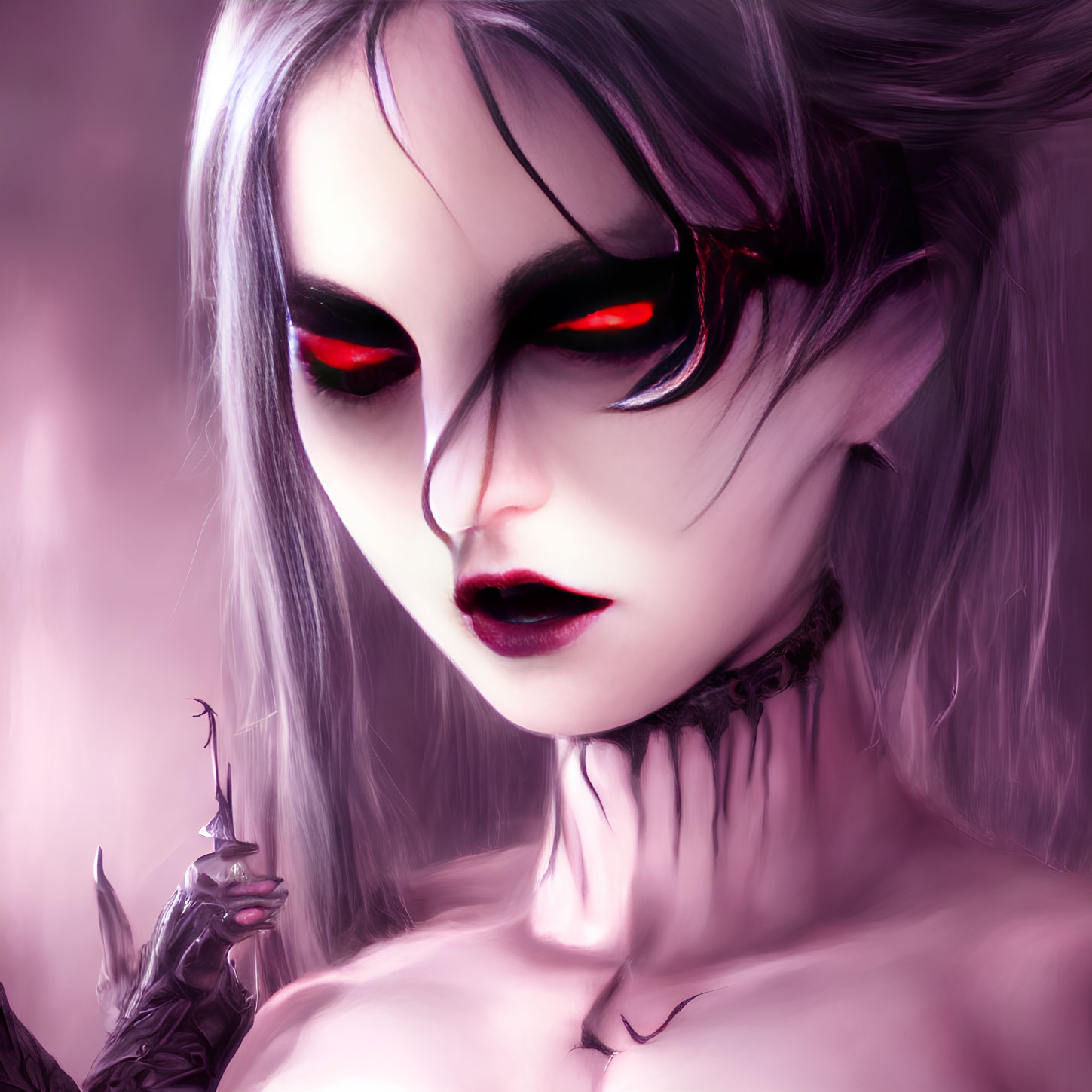 Pale vampiric woman with red eyes, black mask, sharp claws, and choker.