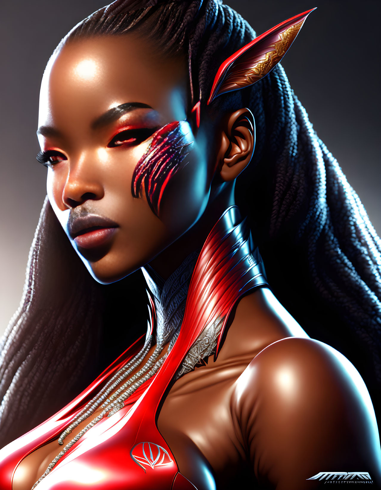 Stylized digital portrait of a woman with braided hair and futuristic attire