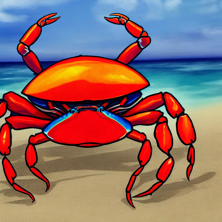 Vibrant red crab with raised claws on sandy beach with blurred ocean and sky.