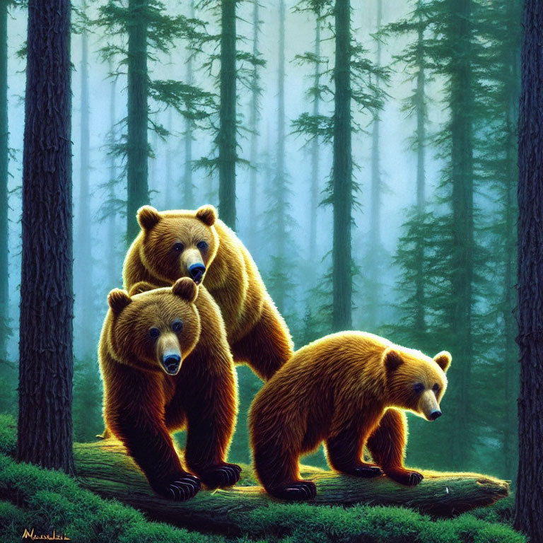 Three Bears in Lush Forest Setting Walking on Fallen Tree Trunk