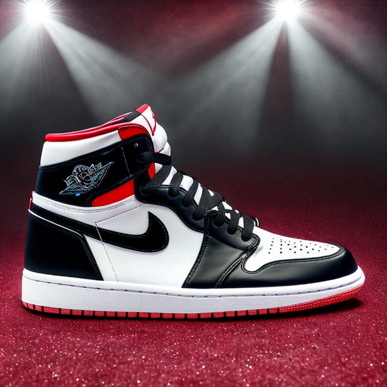 White High-Top Sneaker with Black and Red Accents on Glittering Red Background