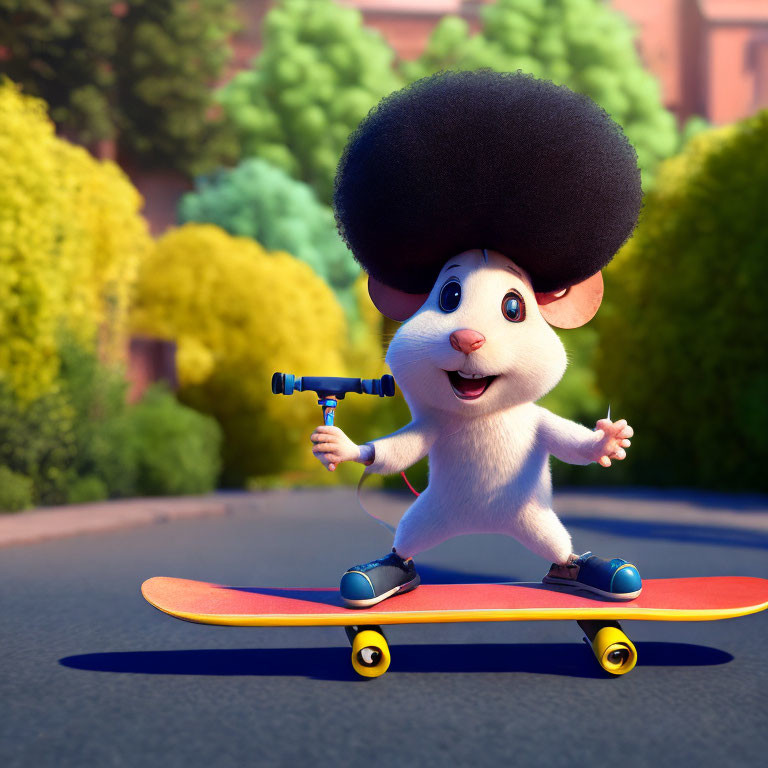 Animated mouse with large afro on skateboard in sunny suburban scene