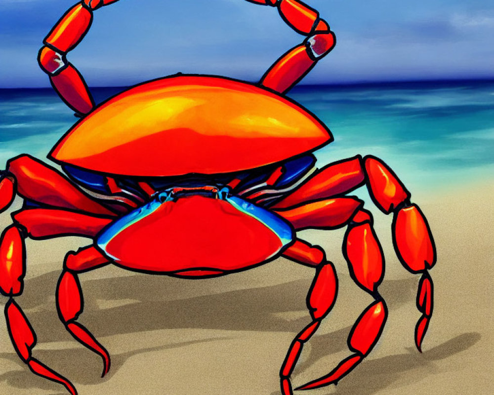 Vibrant red crab with raised claws on sandy beach with blurred ocean and sky.