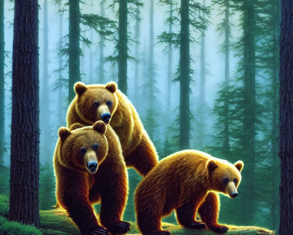 Three Bears in Lush Forest Setting Walking on Fallen Tree Trunk