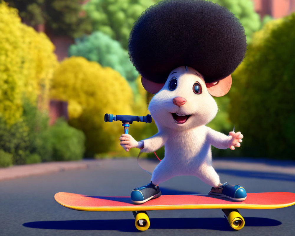 Animated mouse with large afro on skateboard in sunny suburban scene