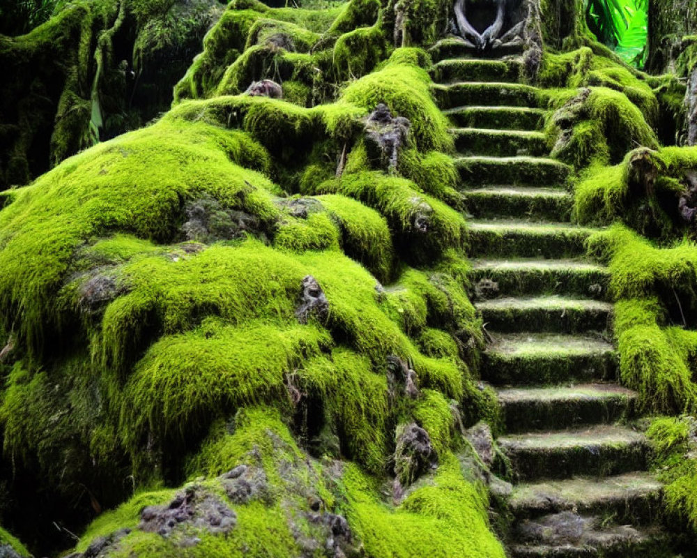 Serene moss-covered forest with stone steps