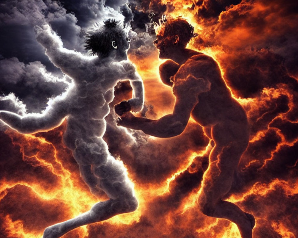 Ethereal figures in dynamic battle or dance amid swirling clouds and fiery backdrop