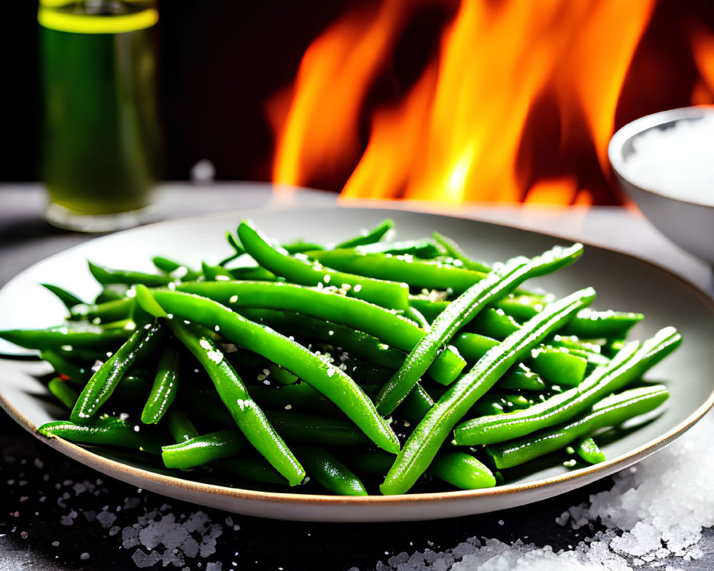 Fresh Green Beans with Salt Garnish and Blurred Background Flames