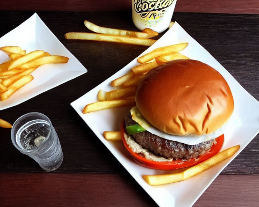 Classic Cheeseburger Meal with Fries and Drinks on Wooden Table