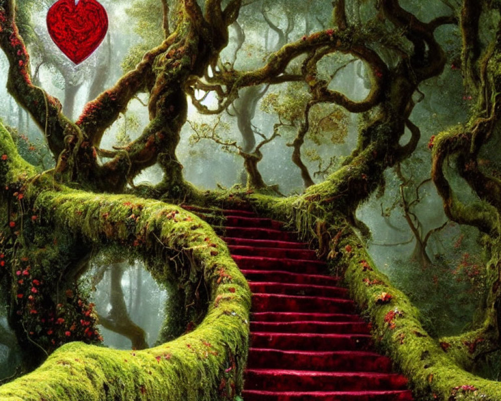 Enchanting forest scene with moss-covered trees and red-carpeted staircase spiraling around a tree