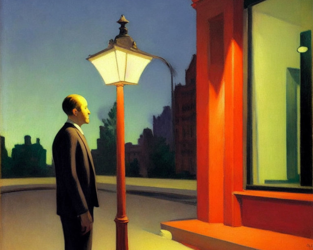 Man in suit gazes at shop window by lamppost in urban setting at twilight