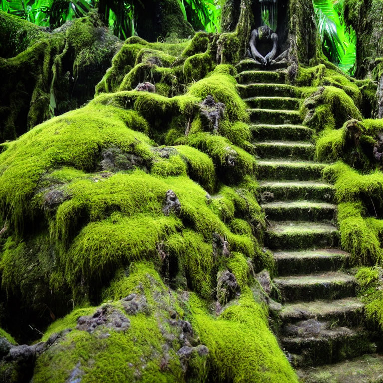 Serene moss-covered forest with stone steps