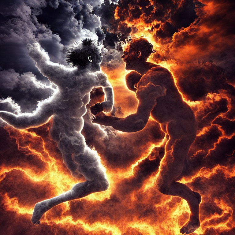 Ethereal figures in dynamic battle or dance amid swirling clouds and fiery backdrop