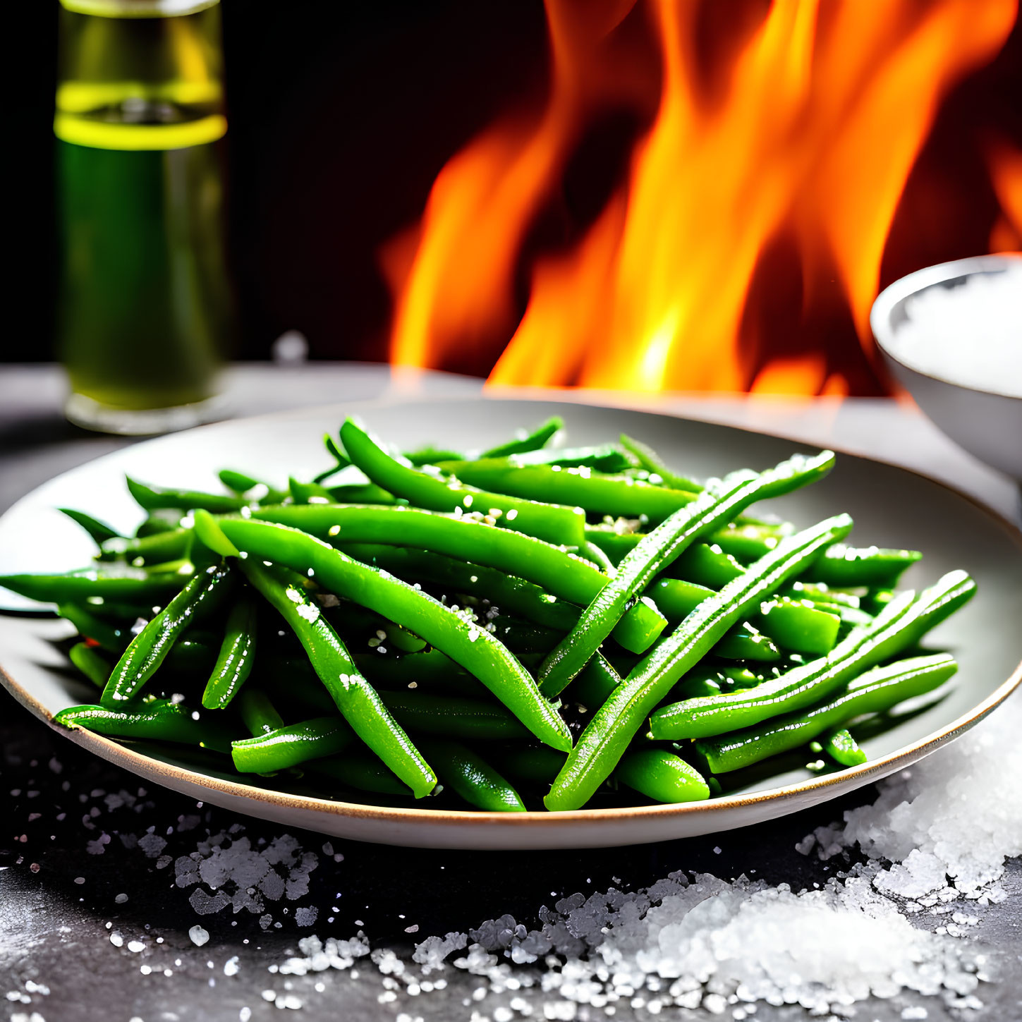 Fresh Green Beans with Salt Garnish and Blurred Background Flames