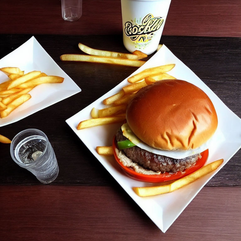 Classic Cheeseburger Meal with Fries and Drinks on Wooden Table