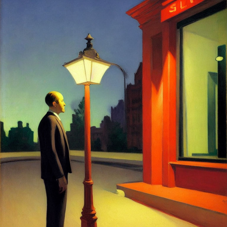 Man in suit gazes at shop window by lamppost in urban setting at twilight