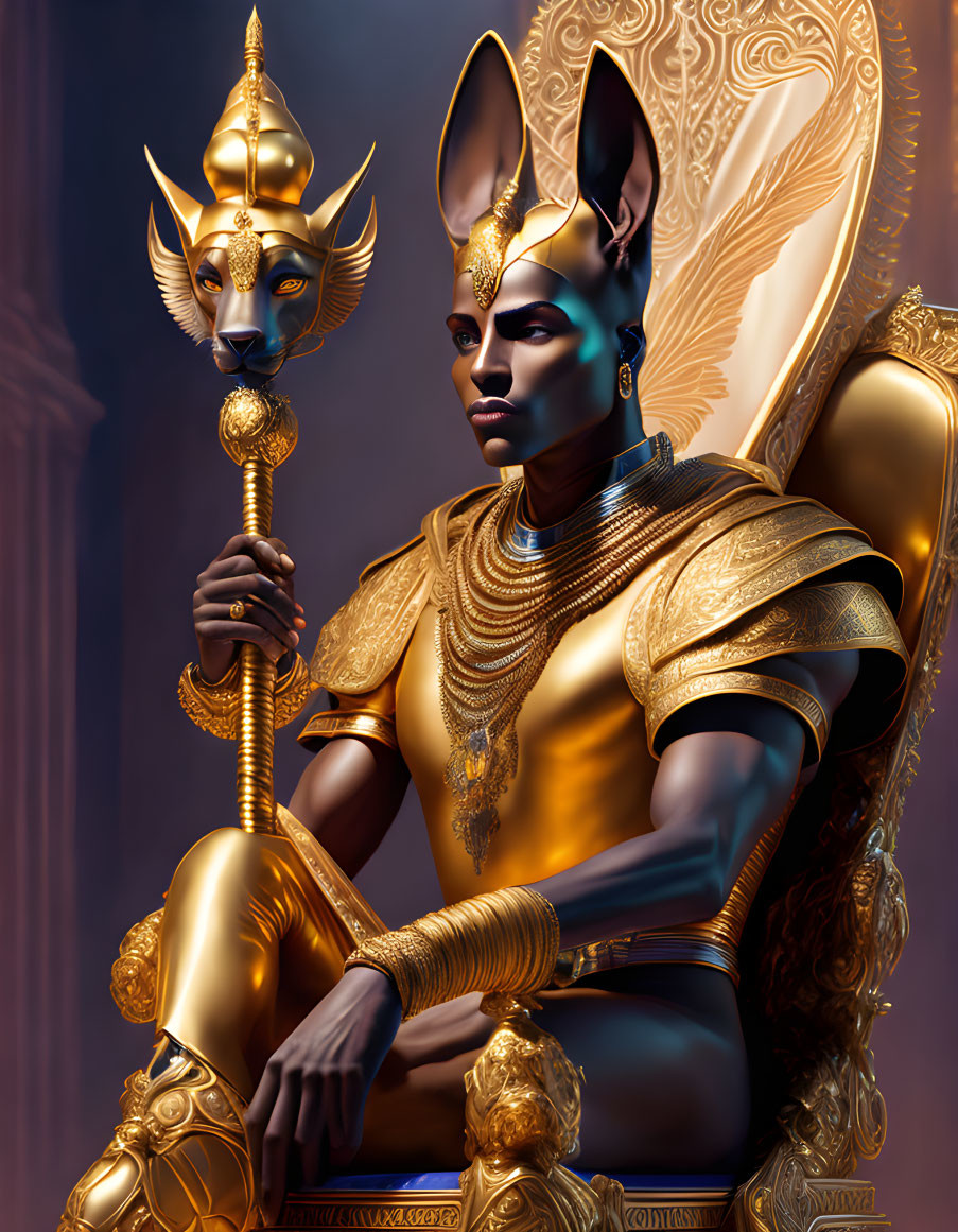 Golden-armored figure with Anubis-like headdress on ornate throne