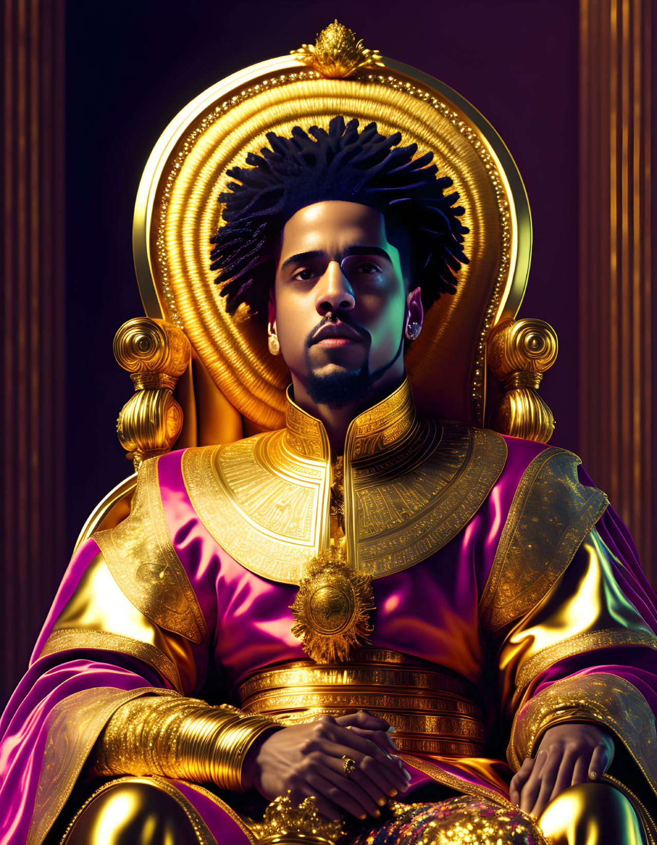 Regal figure with golden halo on throne in purple and gold robes