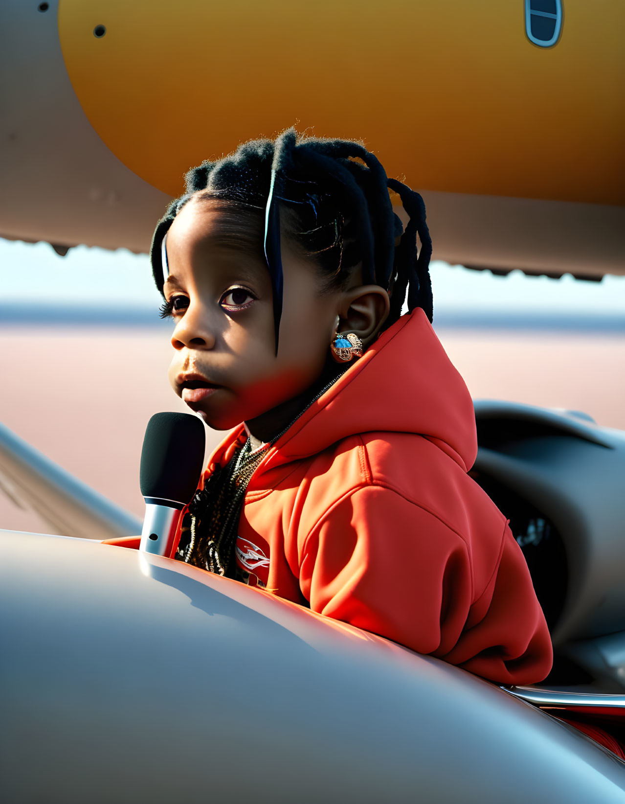 Child with braided hair in red hoodie earrings, sitting on silver surface with yellow object.