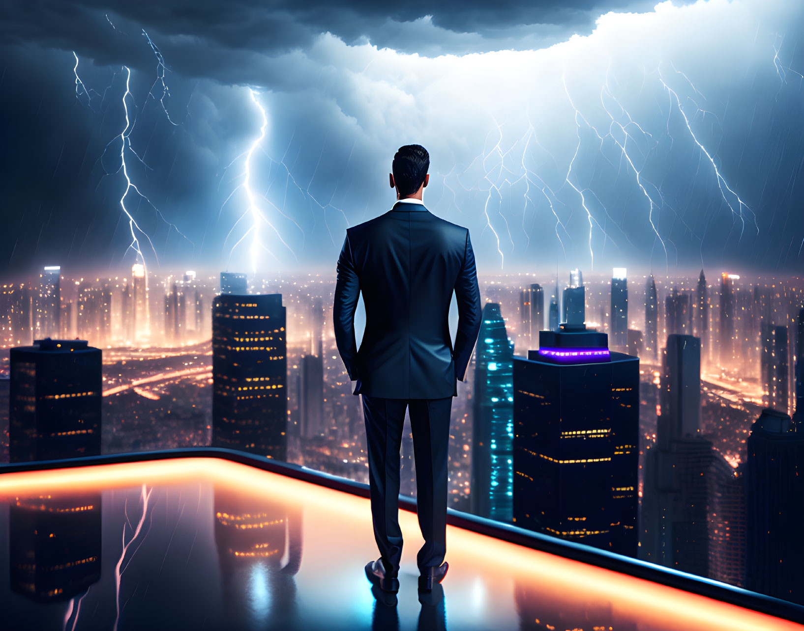 Man in suit on building overlooking night cityscape with lightning.