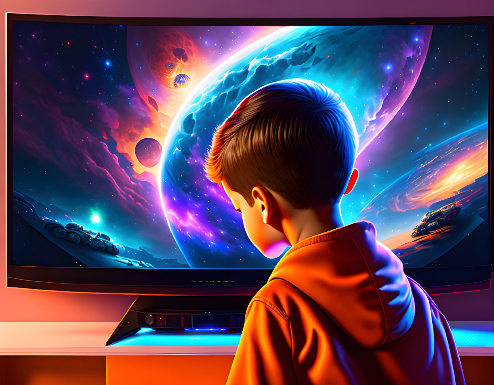 Child in Red Hoodie Mesmerized by Colorful Sci-Fi Scene